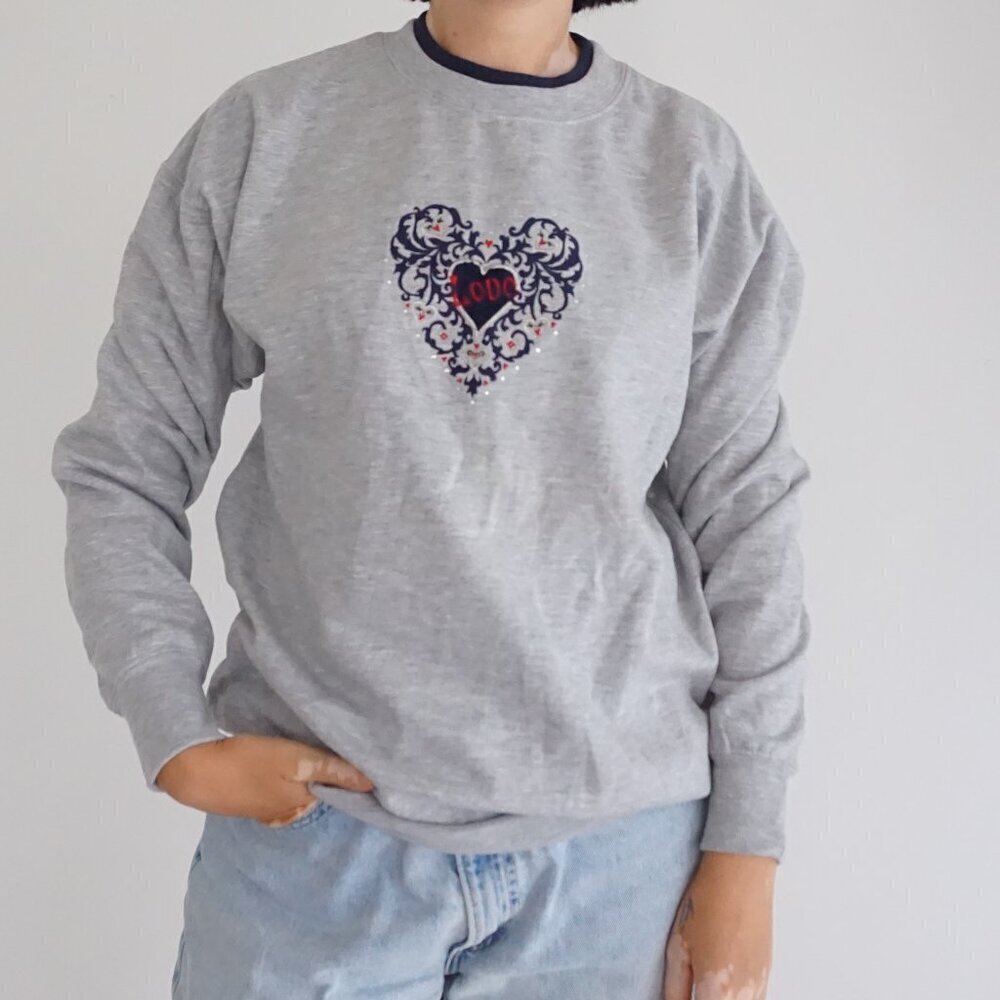 Vintage MC Sportswear Grey Heart Embroidered Cotton Sweatshirt Romantic Boho M